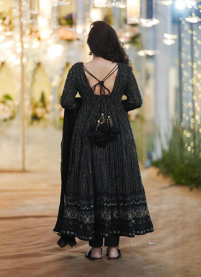 Black Faux Georgette Embroidered Gown with Dupatta