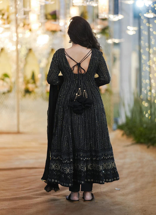 Black Faux Georgette Embroidered Gown with Dupatta