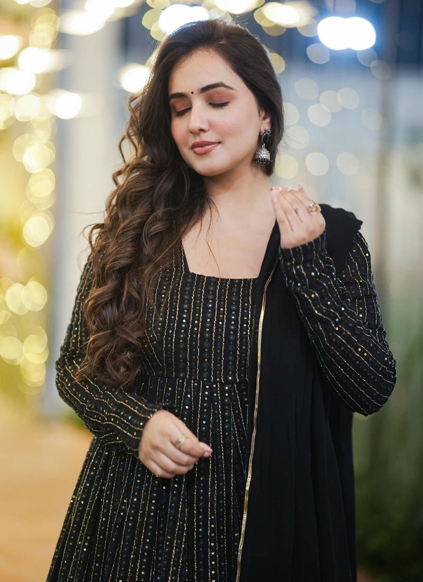 Black Faux Georgette Embroidered Gown with Dupatta