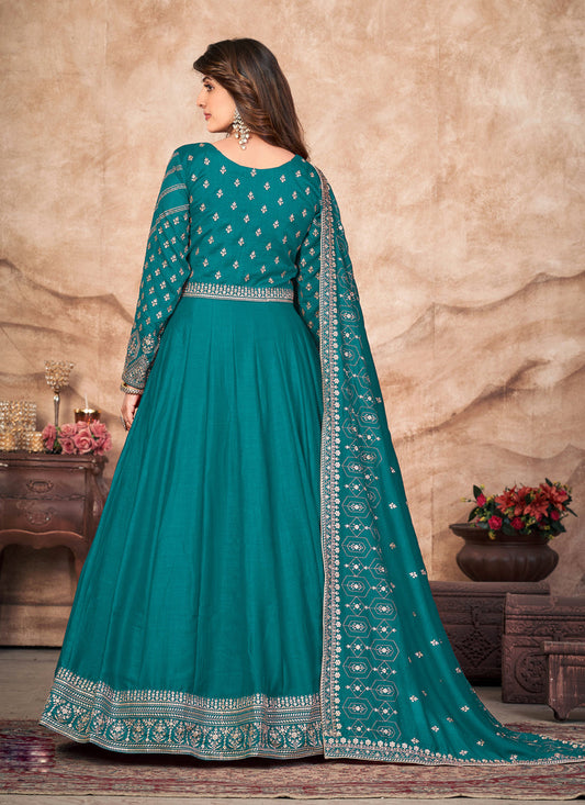Teal Blue Art Silk Embroidered Anarkali Suit
