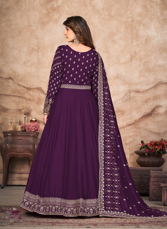 Wine Art Silk Embroidered Anarkali Suit