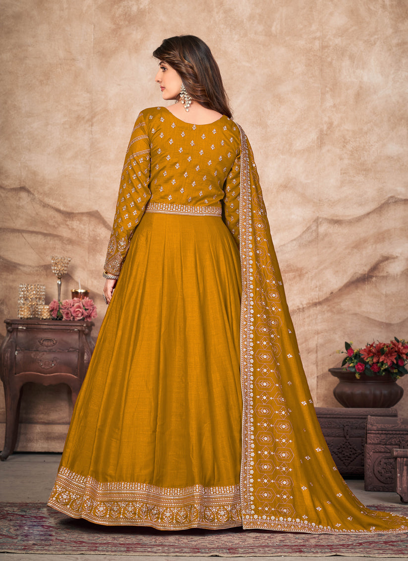 Mustard Art Silk Embroidered Anarkali Suit