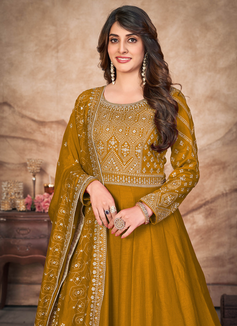 Mustard Art Silk Embroidered Anarkali Suit