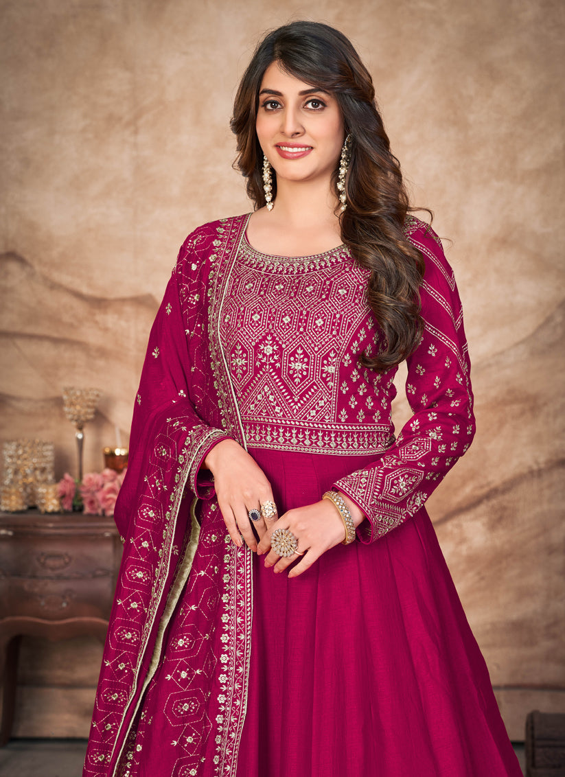 Raspberry Pink Art Silk Embroidered Anarkali Suit