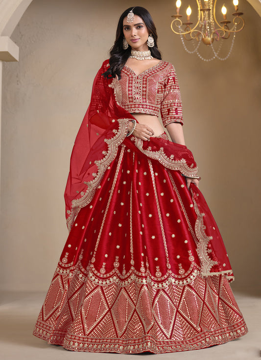 hot red art silk embroidered lehenga choli