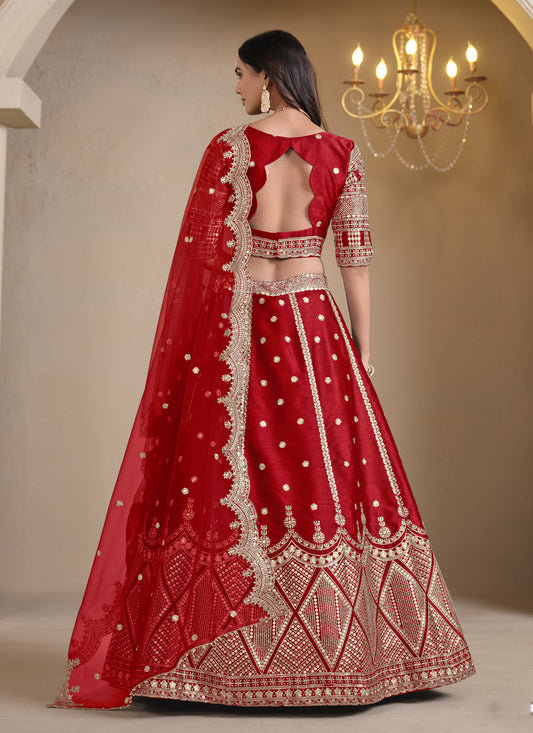 hot red art silk embroidered lehenga choli