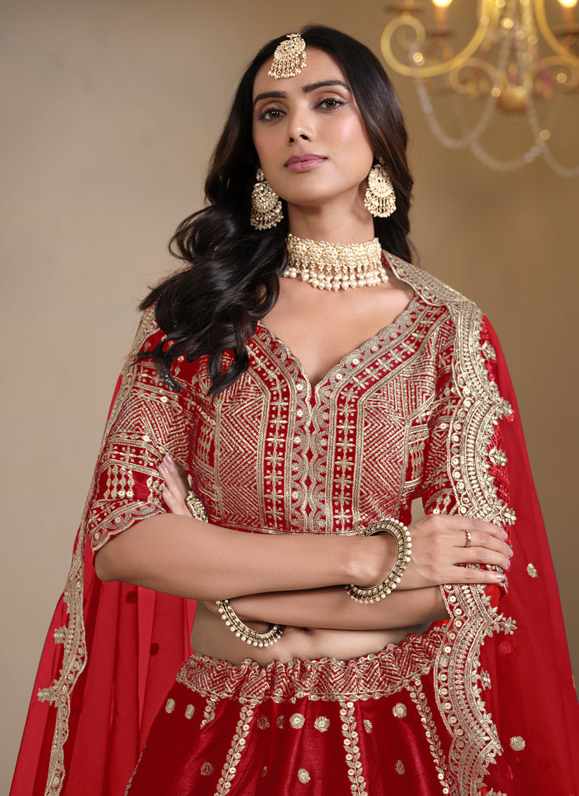 hot red art silk embroidered lehenga choli