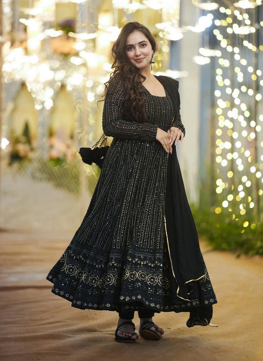 Black Faux Georgette Embroidered Gown with Dupatta