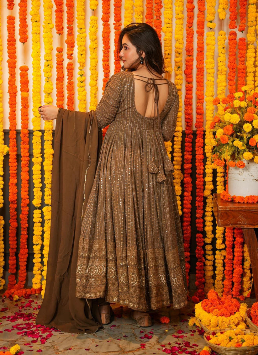 Brown Faux Georgette Embroidered Gown with Dupatta