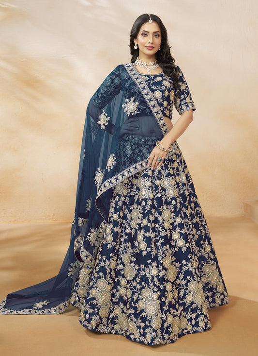 Navy Blue Art Silk Embroidered Wedding Lehenga Choli