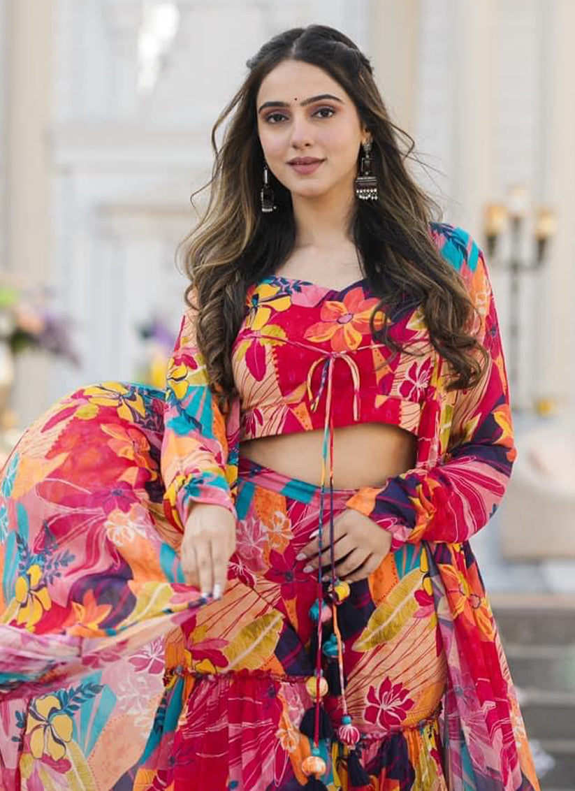 Multicolor Chinnon Printed Plus Size IndoWestern