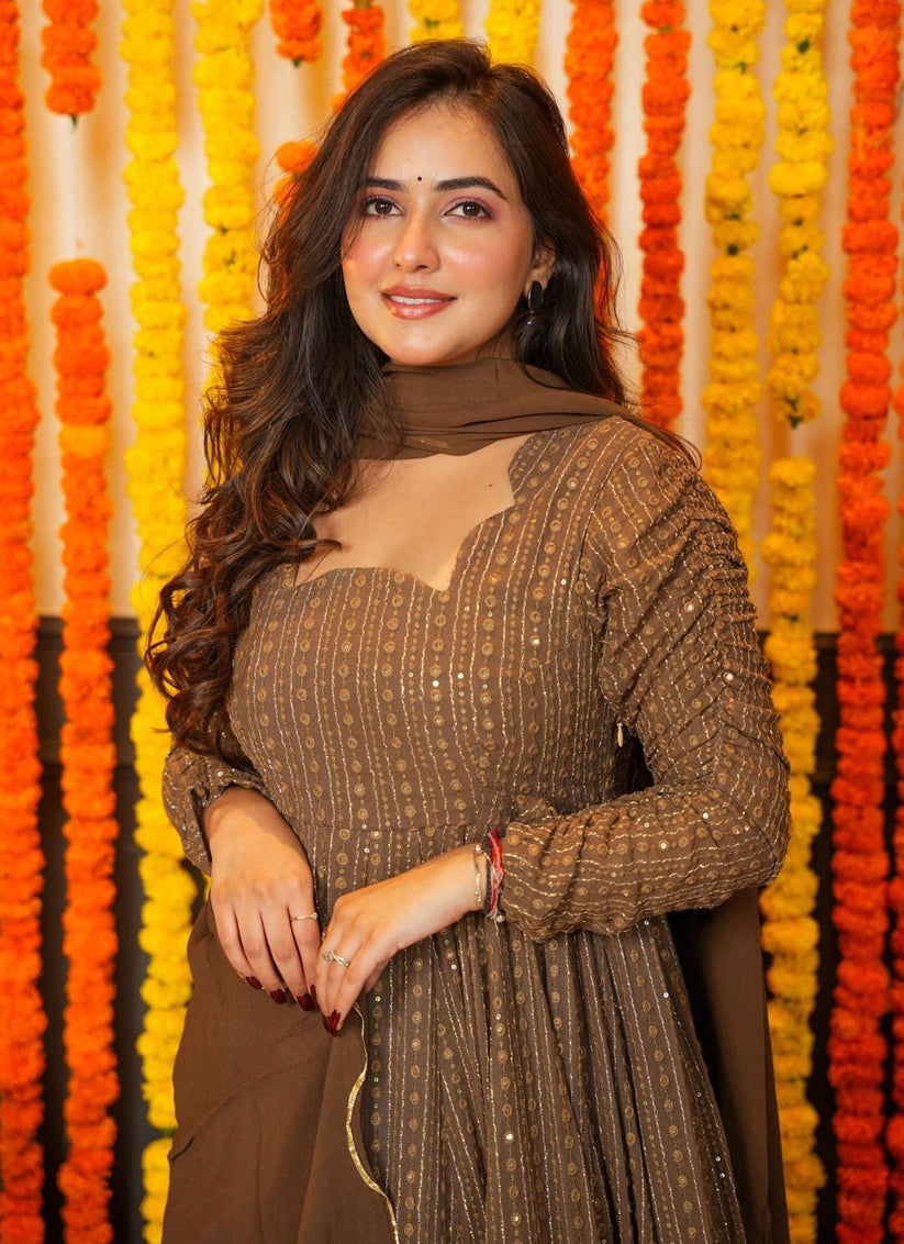 Brown Faux Georgette Embroidered Gown with Dupatta