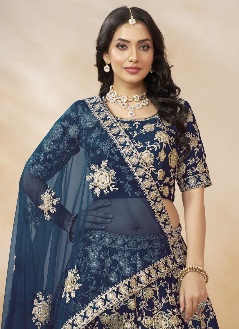 Navy Blue Art Silk Embroidered Wedding Lehenga Choli