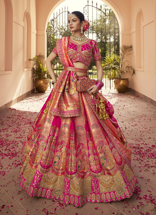 Exquisite Rose Gold and Rani Pink Banarasi Silk Handwork Bridal Lehenga Choli Set