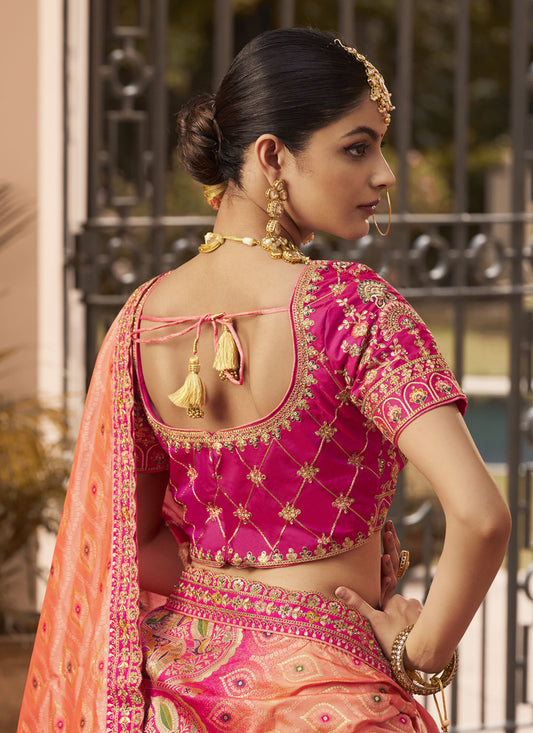 Exquisite Rose Gold and Rani Pink Banarasi Silk Handwork Bridal Lehenga Choli Set