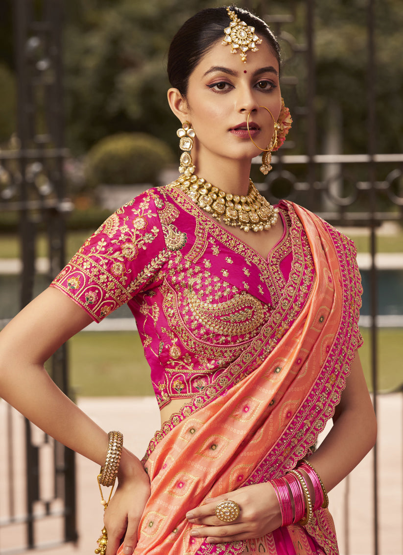 Exquisite Rose Gold and Rani Pink Banarasi Silk Handwork Bridal Lehenga Choli Set