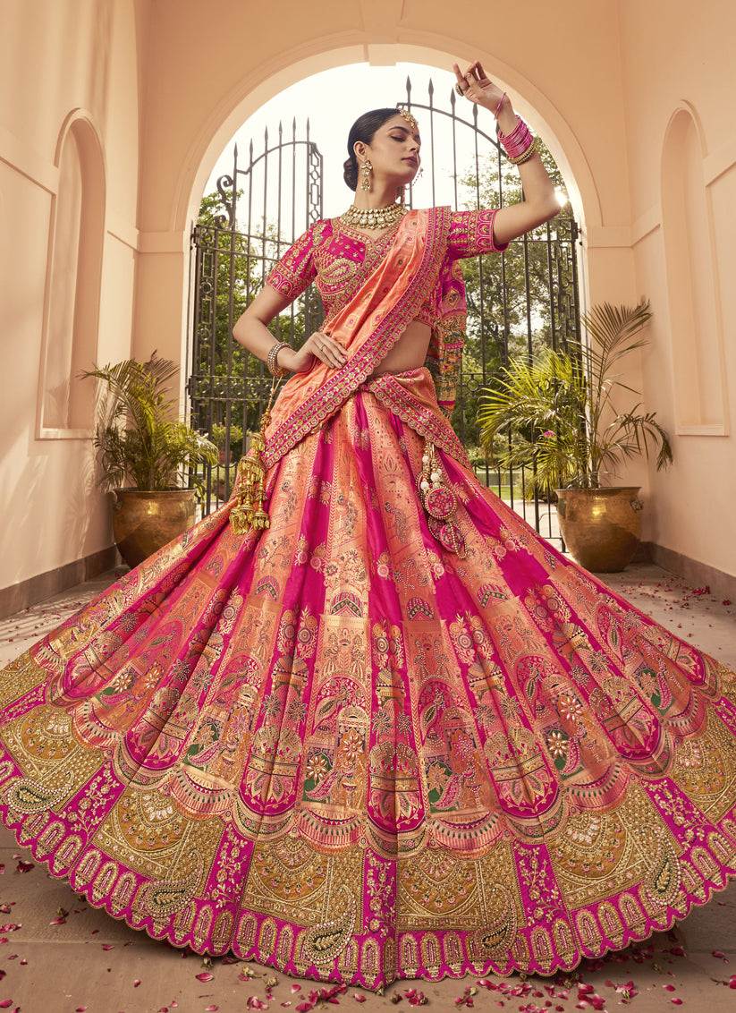 Exquisite Rose Gold and Rani Pink Banarasi Silk Handwork Bridal Lehenga Choli Set