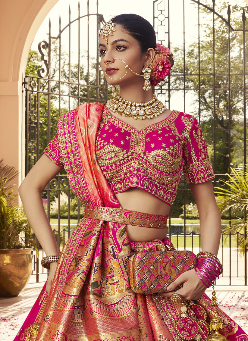 Exquisite Rose Gold and Rani Pink Banarasi Silk Handwork Bridal Lehenga Choli Set