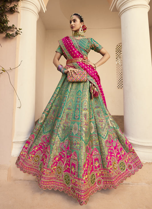 Sophisticated Rama Green Banarasi Silk Handwork Bridal Lehenga Choli Set