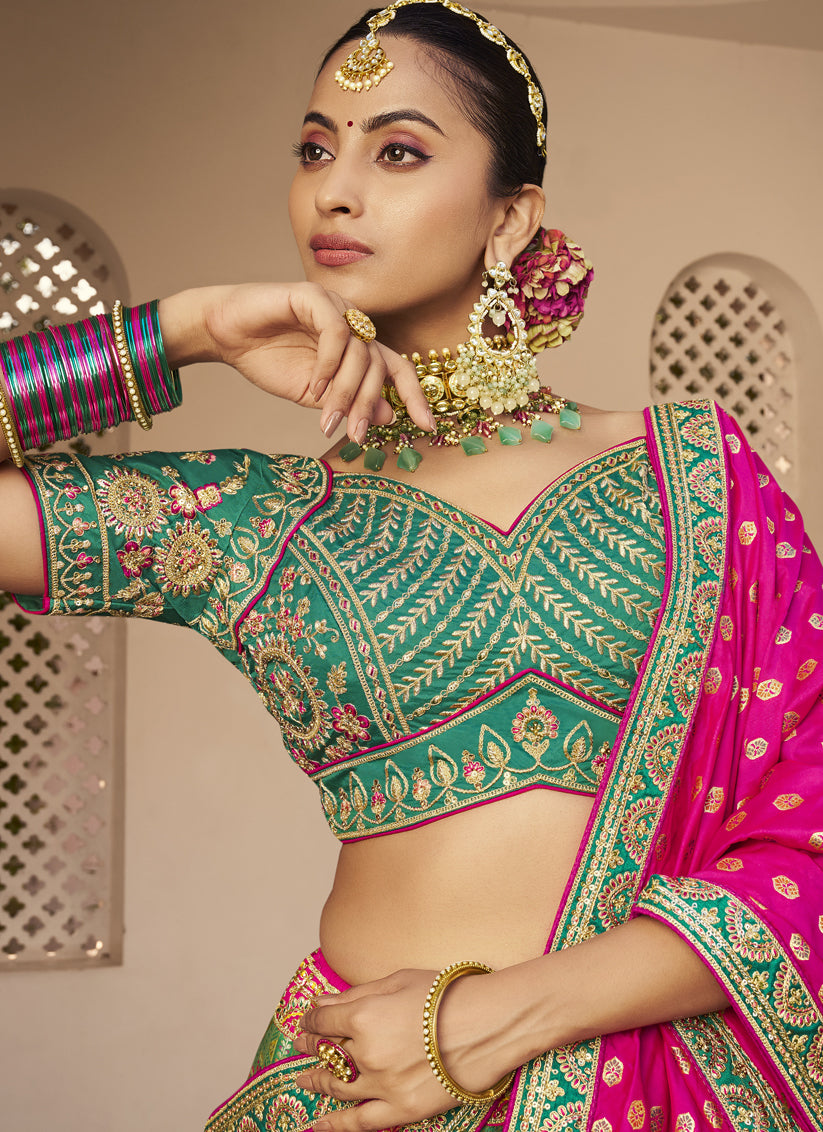 Sophisticated Rama Green Banarasi Silk Handwork Bridal Lehenga Choli Set