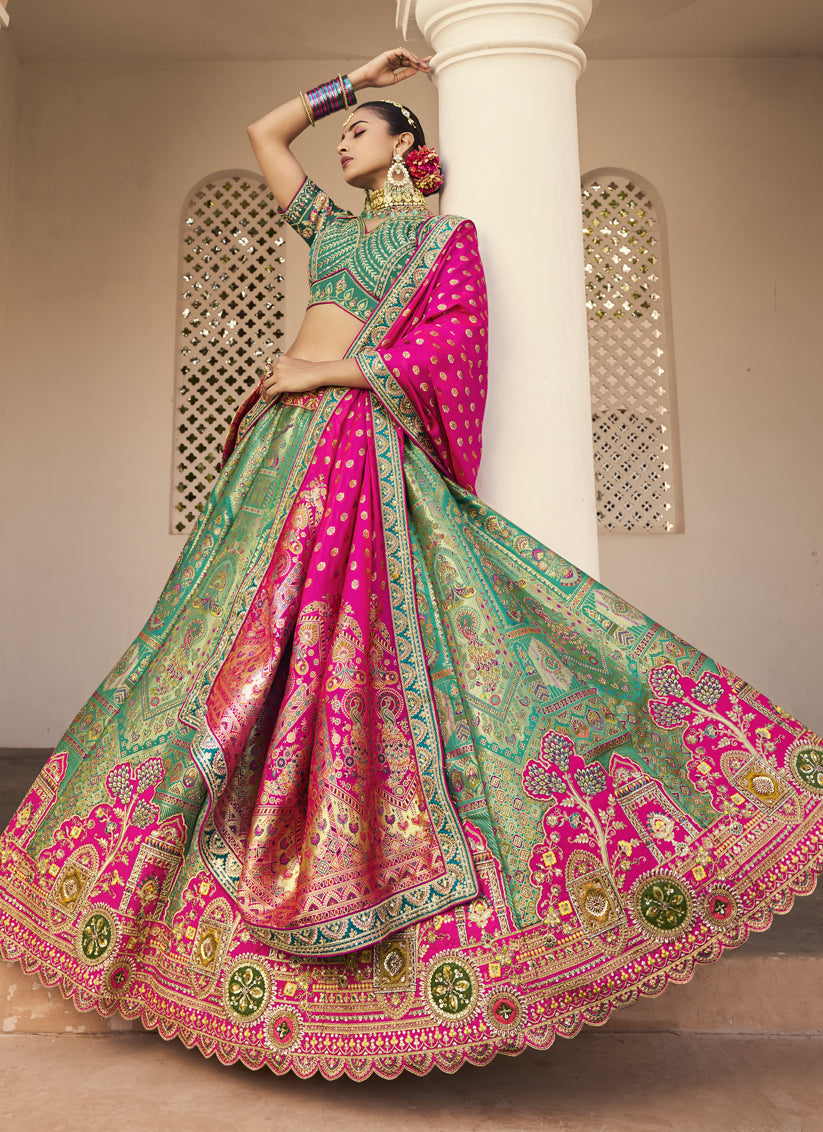 Sophisticated Rama Green Banarasi Silk Handwork Bridal Lehenga Choli Set