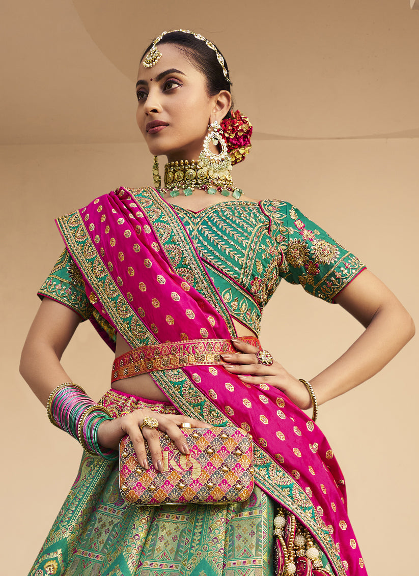 Sophisticated Rama Green Banarasi Silk Handwork Bridal Lehenga Choli Set