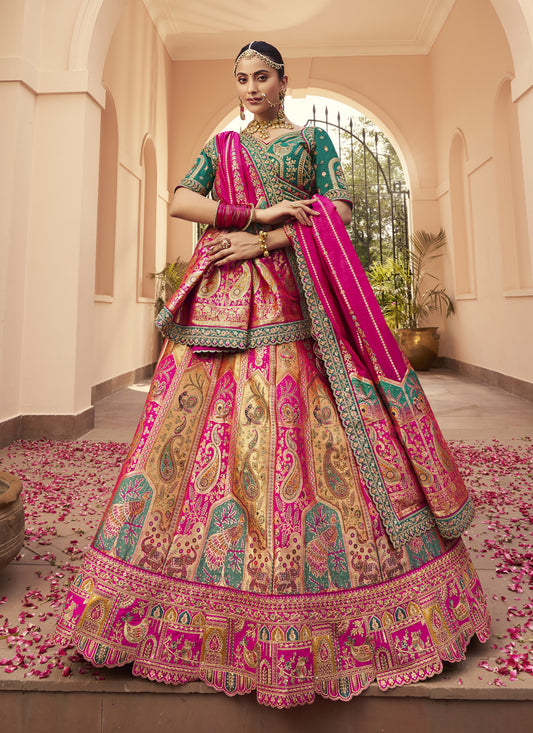 Impeccable Multicolor Banarasi Silk Handwork Bridal Lehenga Choli Set