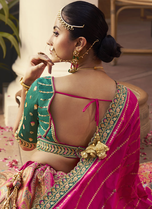 Impeccable Multicolor Banarasi Silk Handwork Bridal Lehenga Choli Set