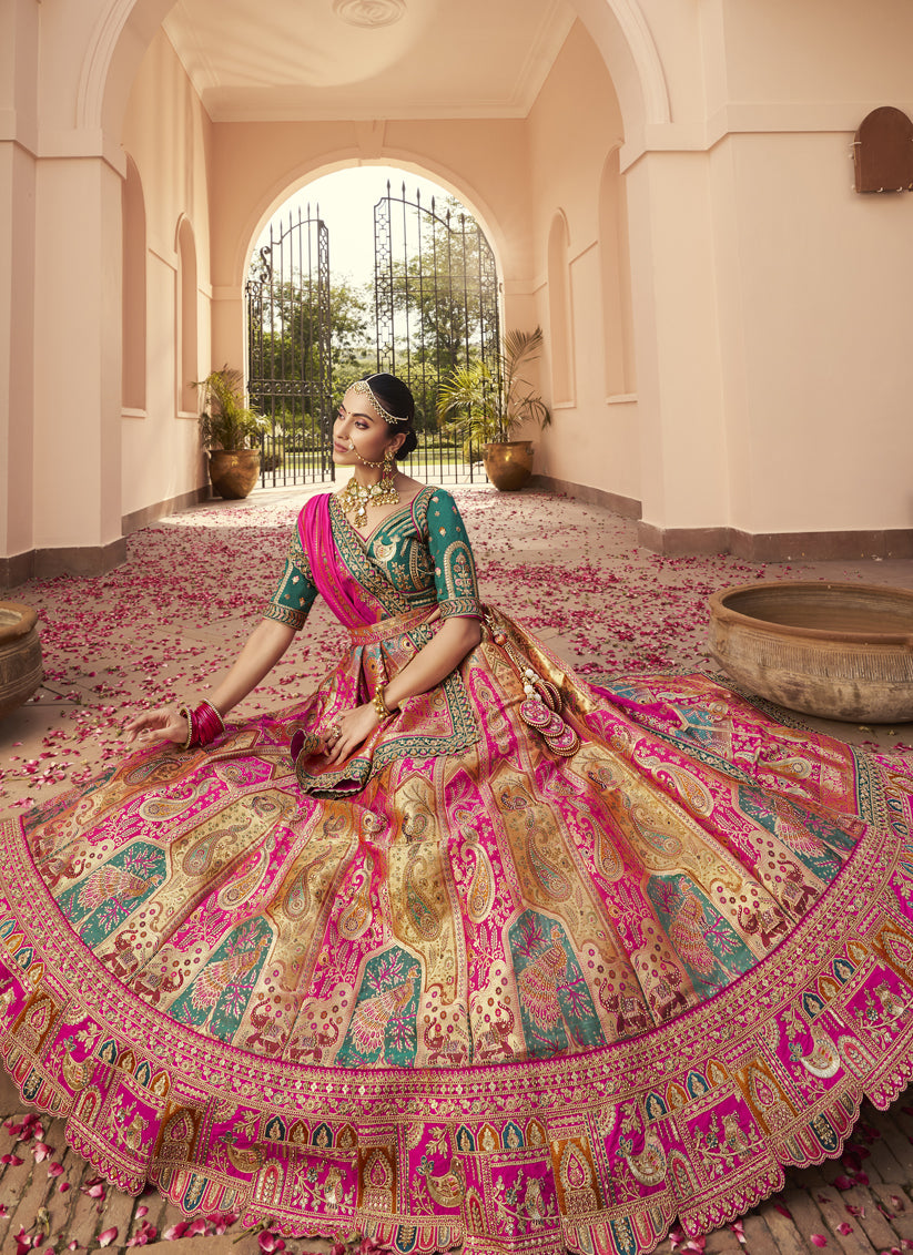 Impeccable Multicolor Banarasi Silk Handwork Bridal Lehenga Choli Set