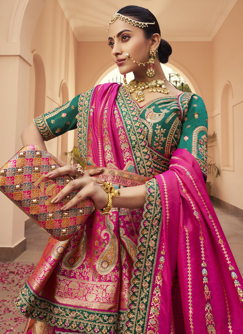 Impeccable Multicolor Banarasi Silk Handwork Bridal Lehenga Choli Set