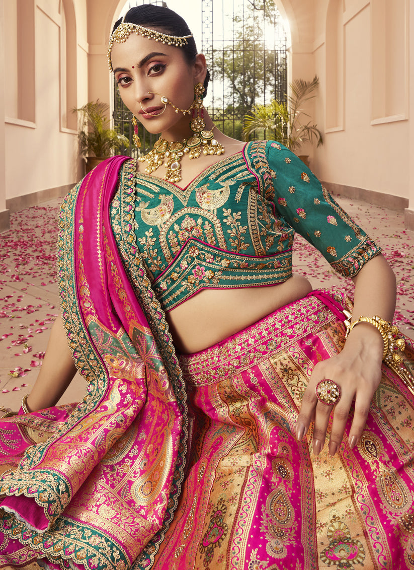 Impeccable Multicolor Banarasi Silk Handwork Bridal Lehenga Choli Set