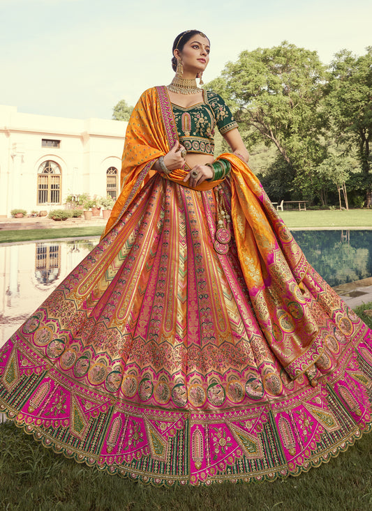 Flawless Multicolor Banarasi Silk Handwork Bridal Lehenga Choli Set