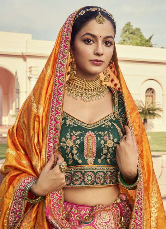 Flawless Multicolor Banarasi Silk Handwork Bridal Lehenga Choli Set