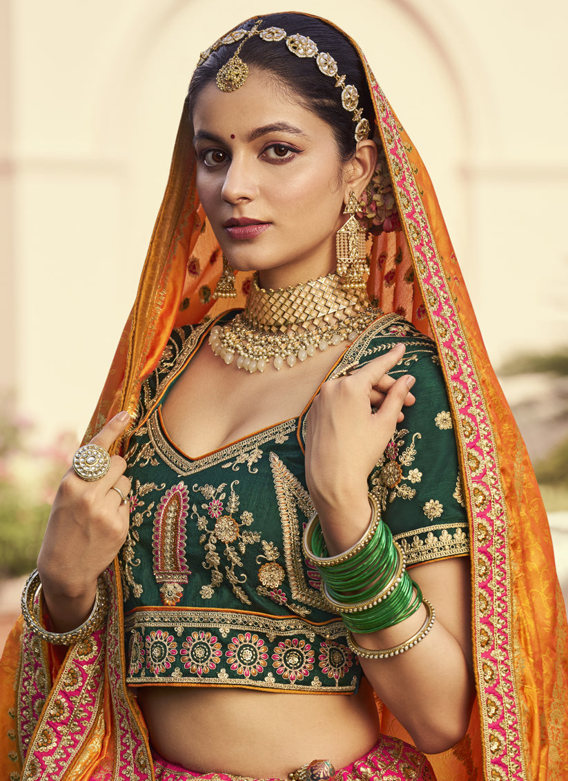 Flawless Multicolor Banarasi Silk Handwork Bridal Lehenga Choli Set