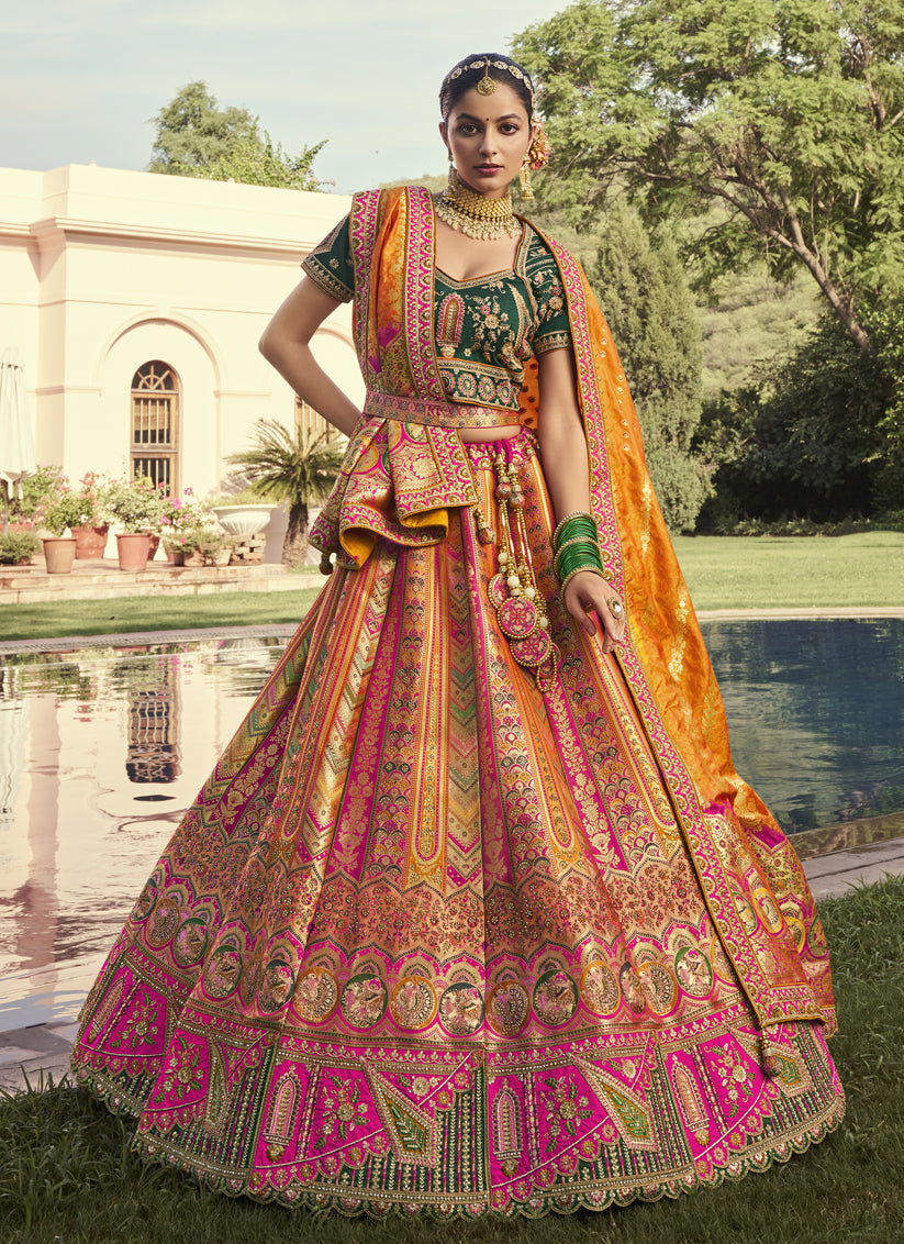 Flawless Multicolor Banarasi Silk Handwork Bridal Lehenga Choli Set