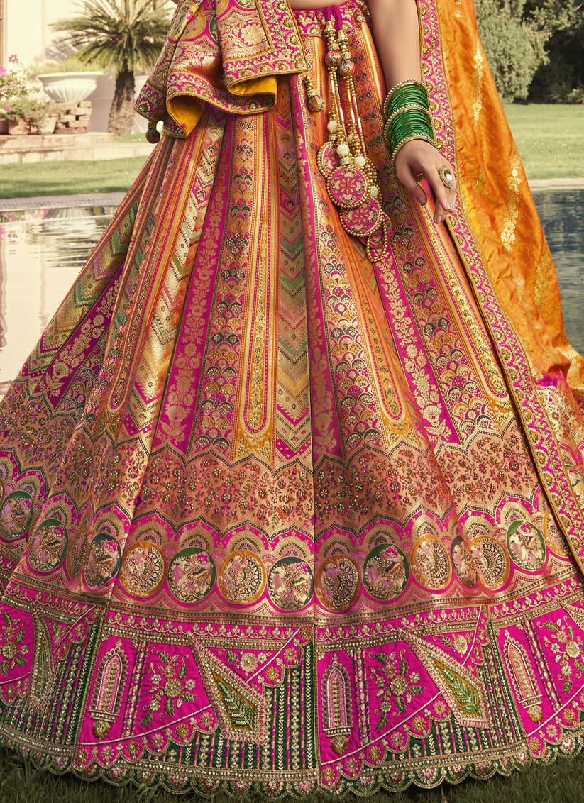 Flawless Multicolor Banarasi Silk Handwork Bridal Lehenga Choli Set