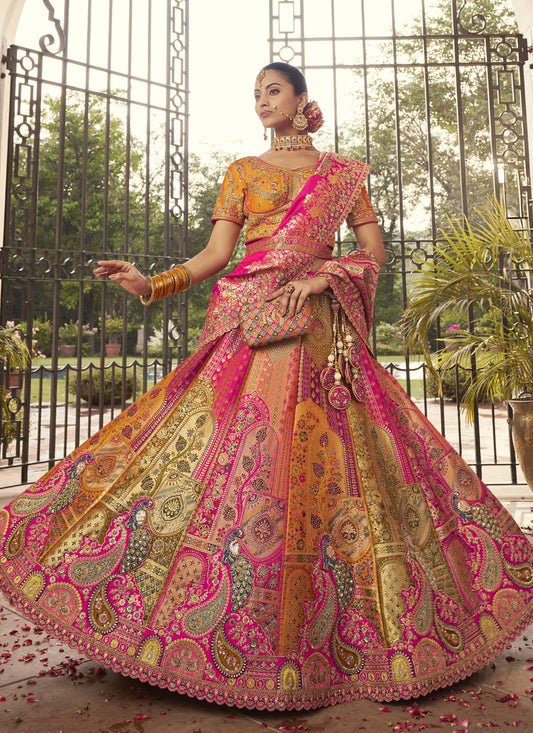 Graceful Multicolor Banarasi Silk Handwork Bridal Lehenga Choli Set