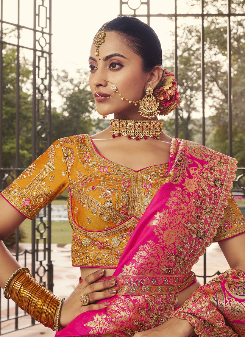 Graceful Multicolor Banarasi Silk Handwork Bridal Lehenga Choli Set