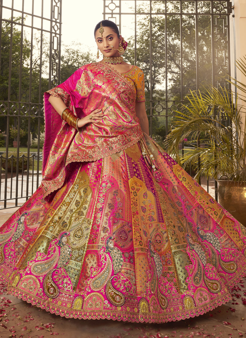 Graceful Multicolor Banarasi Silk Handwork Bridal Lehenga Choli Set