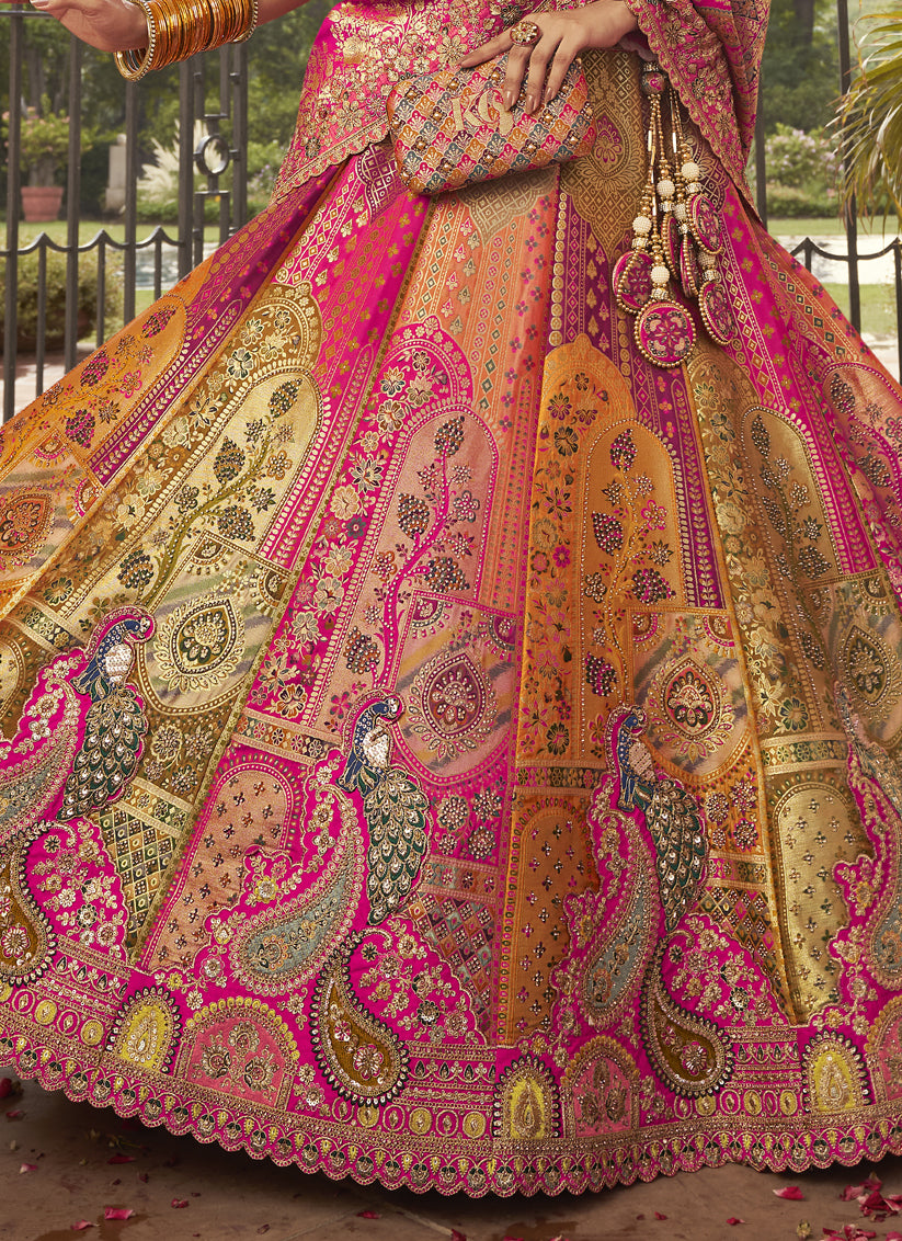 Graceful Multicolor Banarasi Silk Handwork Bridal Lehenga Choli Set