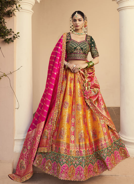 Luxurious Mustard Yellow Banarasi Silk Handwork Bridal Lehenga Choli Set