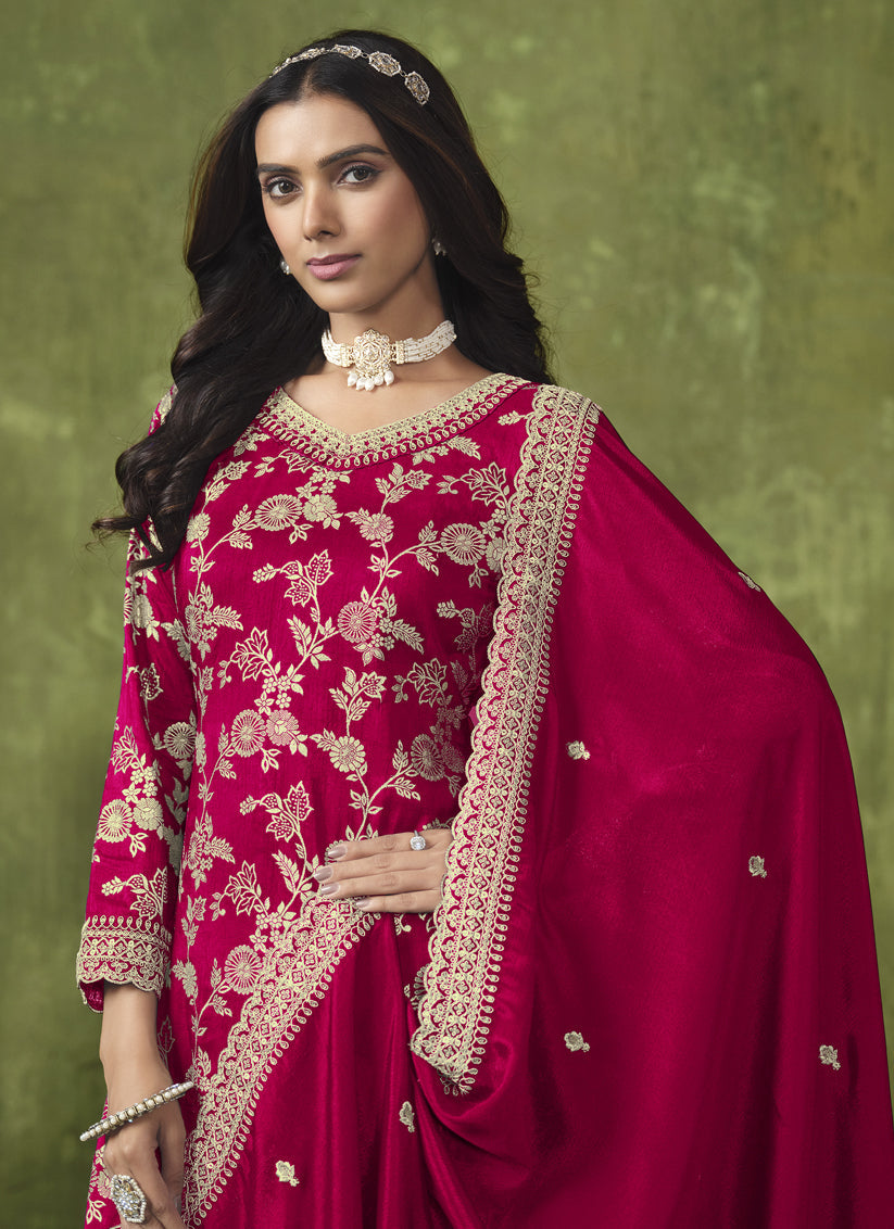 Strawberry Pink Dola Silk Jacquard Embroidered Palazzo Kameez