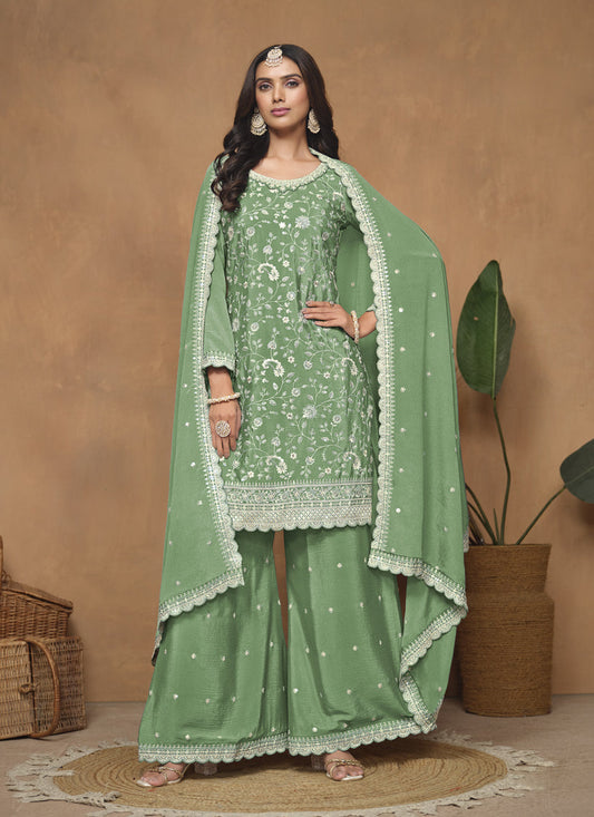 Fern Green Chinnon Embroidered Palazzo Kameez