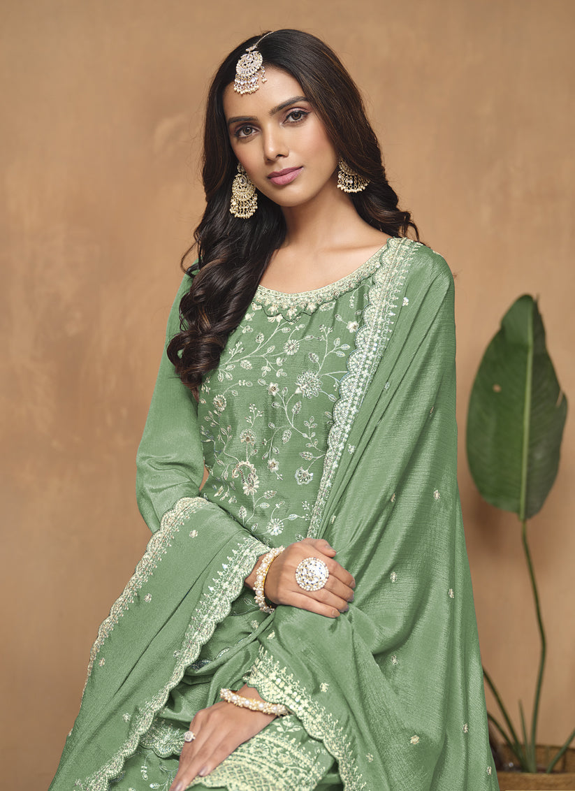 Fern Green Chinnon Embroidered Palazzo Kameez
