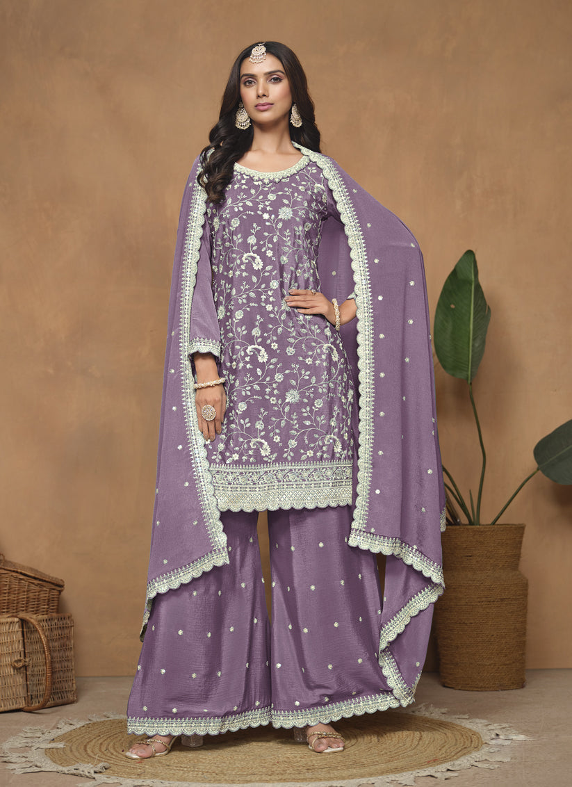 Mauve Purple Embroidered Chinnon Palazzo Kameez