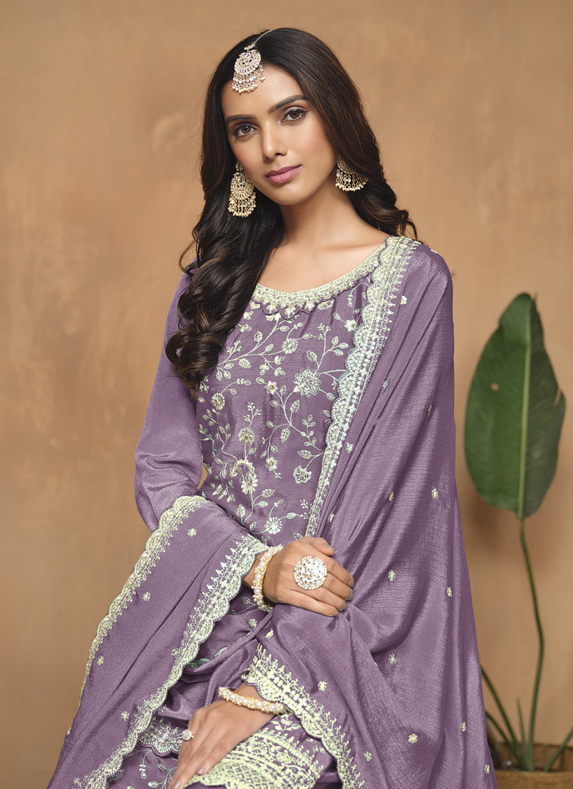 Mauve Purple Embroidered Chinnon Palazzo Kameez