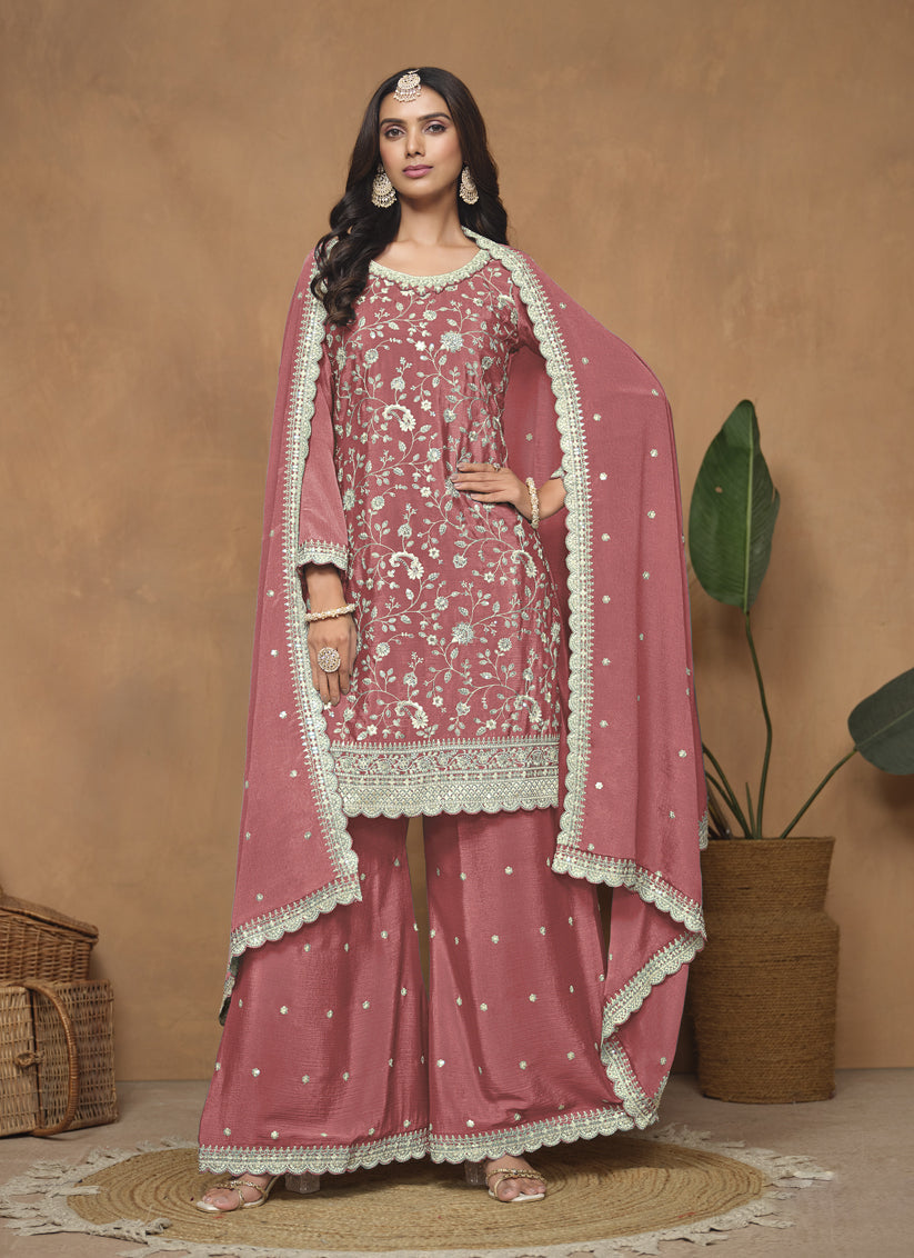 Salmon Pink Embroidered Chinnon Palazzo Kameez