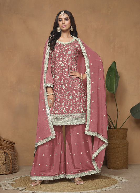 Salmon Pink Embroidered Chinnon Palazzo Kameez