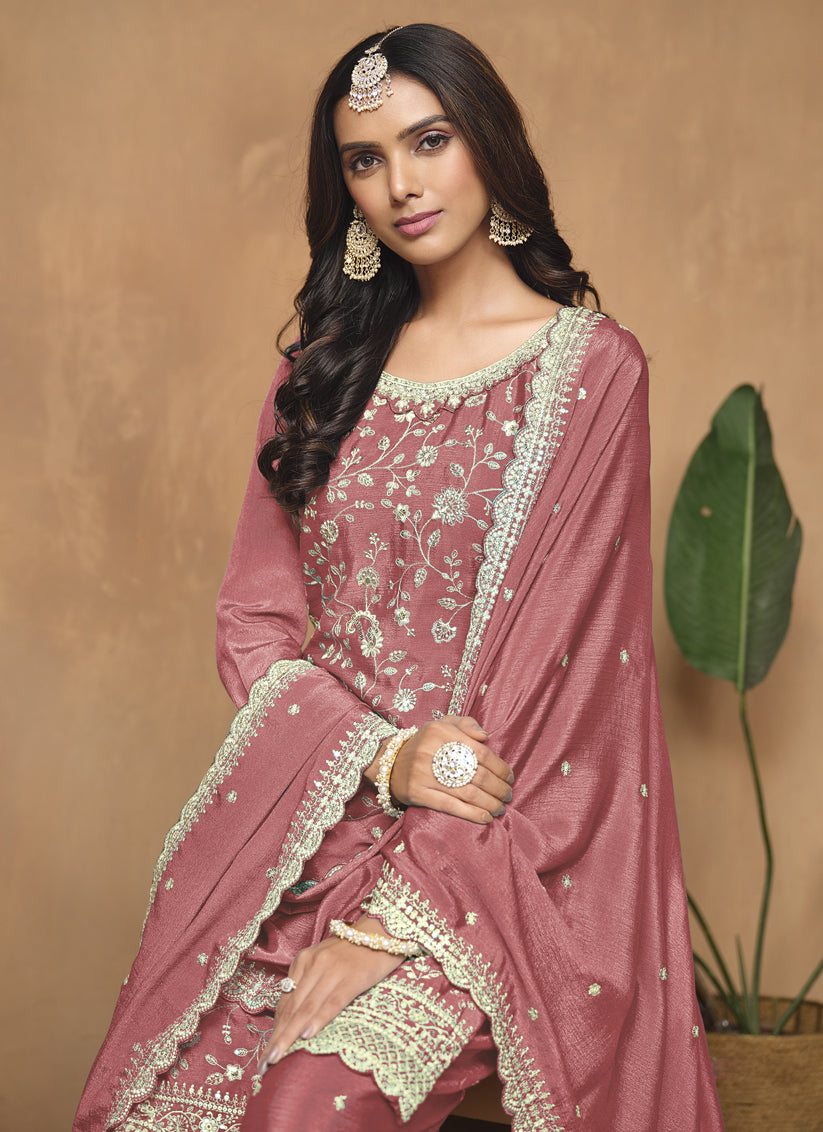 Salmon Pink Embroidered Chinnon Palazzo Kameez