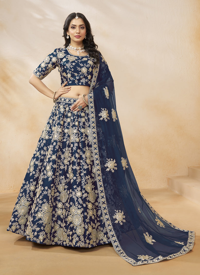 Navy Blue Art Silk Embroidered Wedding Lehenga Choli
